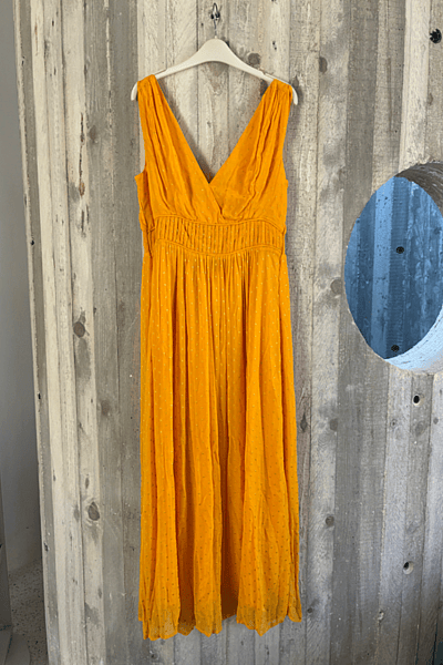 Yellow Pleated V-Neck Maxi Dress by Violeta by Mango — pre-loved on Thrifted.mt
